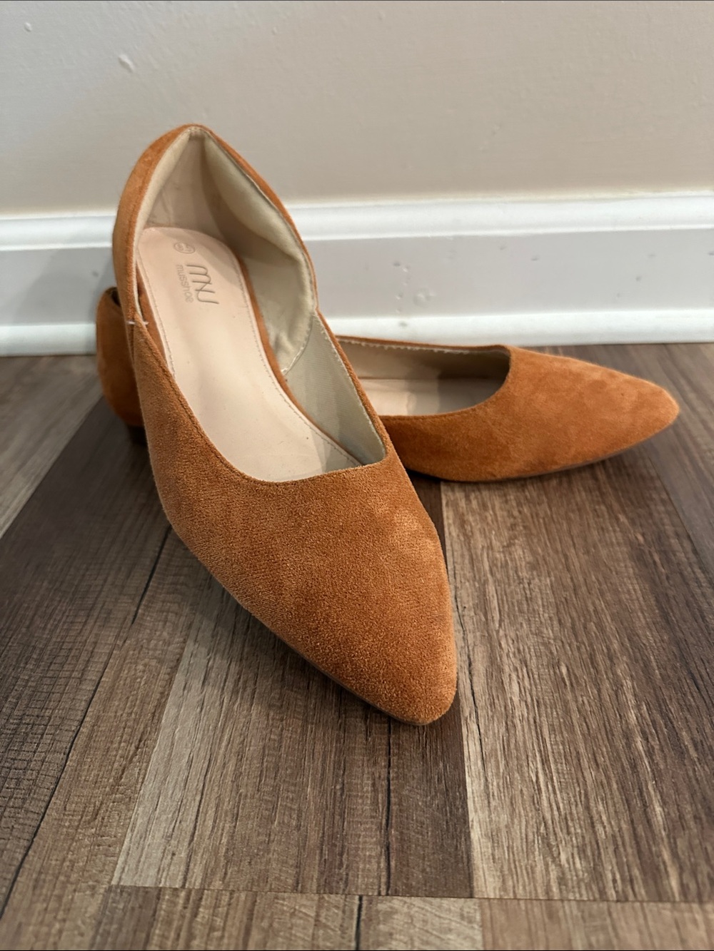 Suede Pointed Toe Flats in Rust Brown